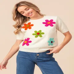 BiBi Crochet Flower Patch Sweater Top