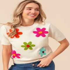 BiBi Crochet Flower Patch Sweater Top