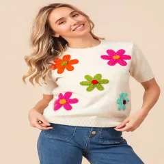 BiBi Crochet Flower Patch Sweater Top