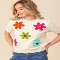 BiBi Crochet Flower Patch Sweater Top