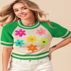 BiBi Crochet Flower Patches Striped Rib Band Sweater